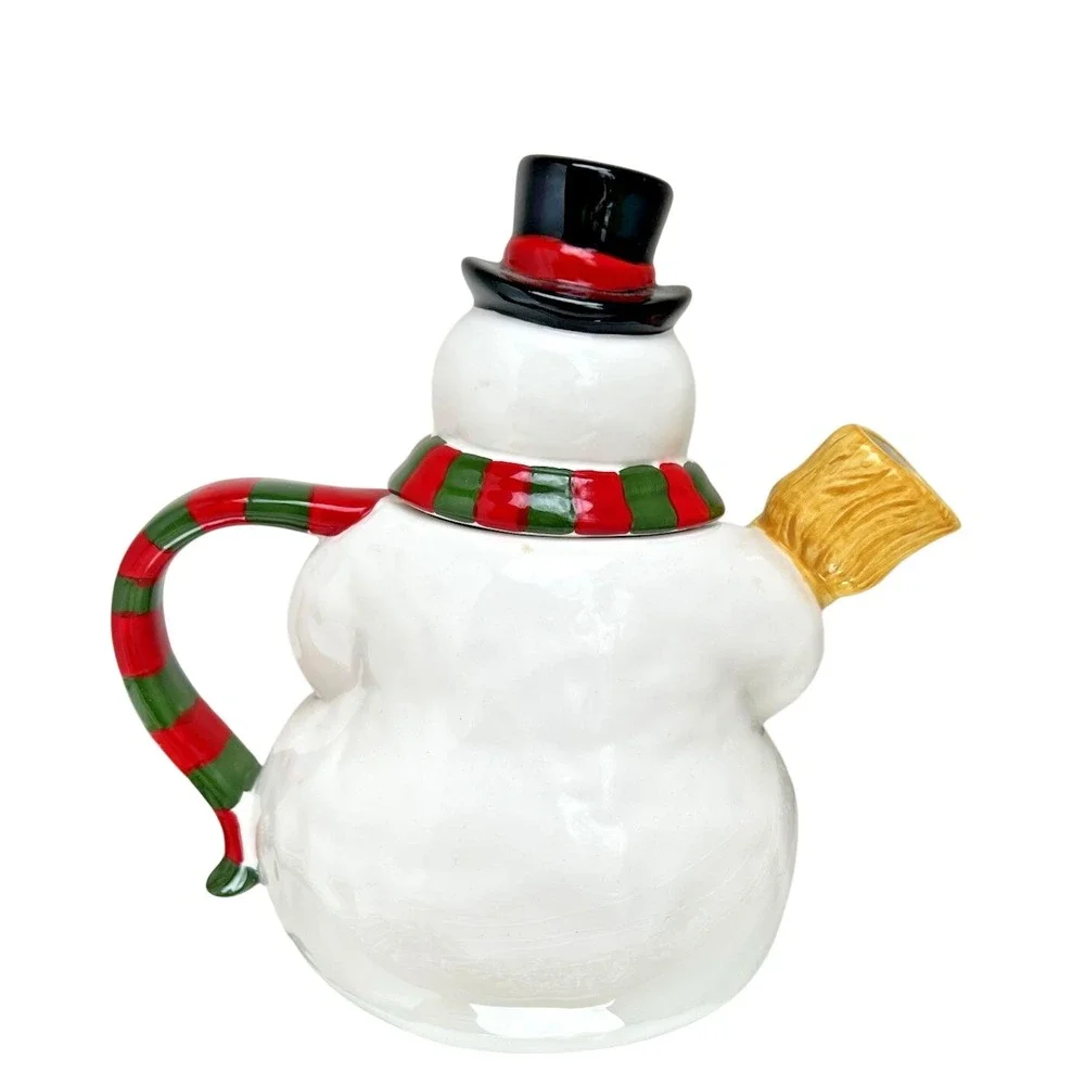 Teapot Snowman Christmas Ceramic Holiday Hand Painted Decorative Vintage Kitchen
